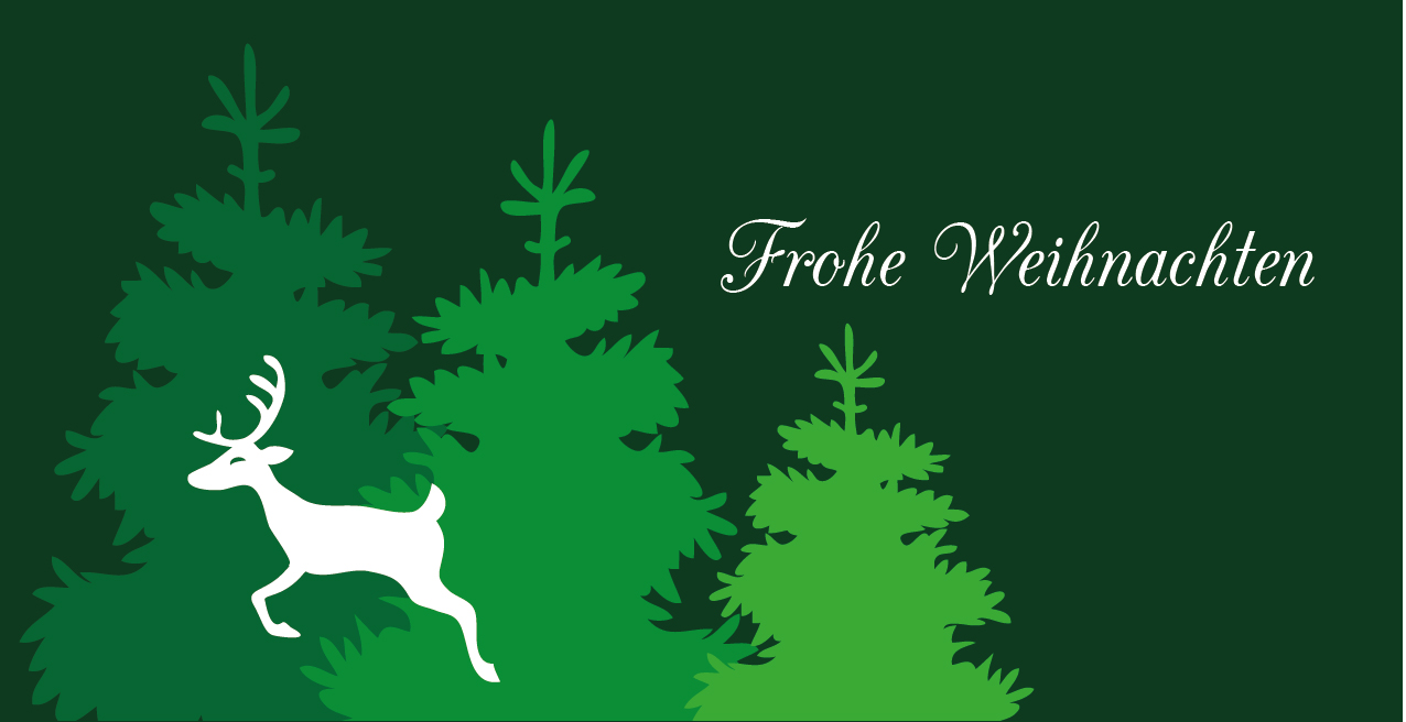 Weihnachtskarte "Rentier springt auf Tanne"