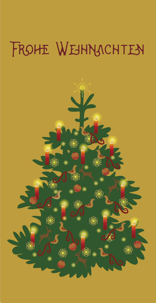 Weihnachtskarte "Geschmückte Tanne Hintergrund gold"