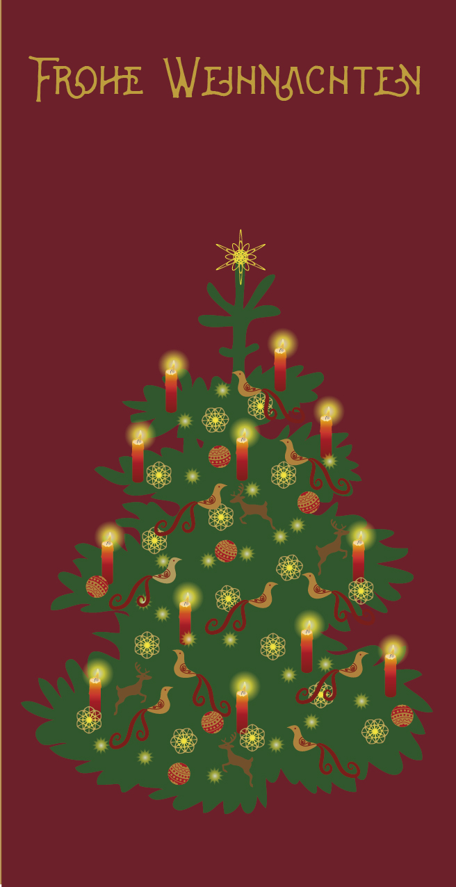 Weihnachtskarte "Geschmückte Tanne Hintergrund rot"