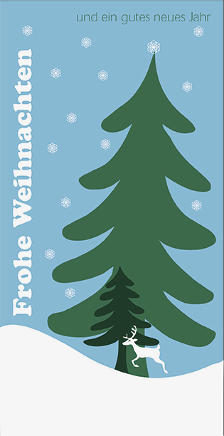 Weihnachtskarte "Tannen im Schnee mit Rentier"
